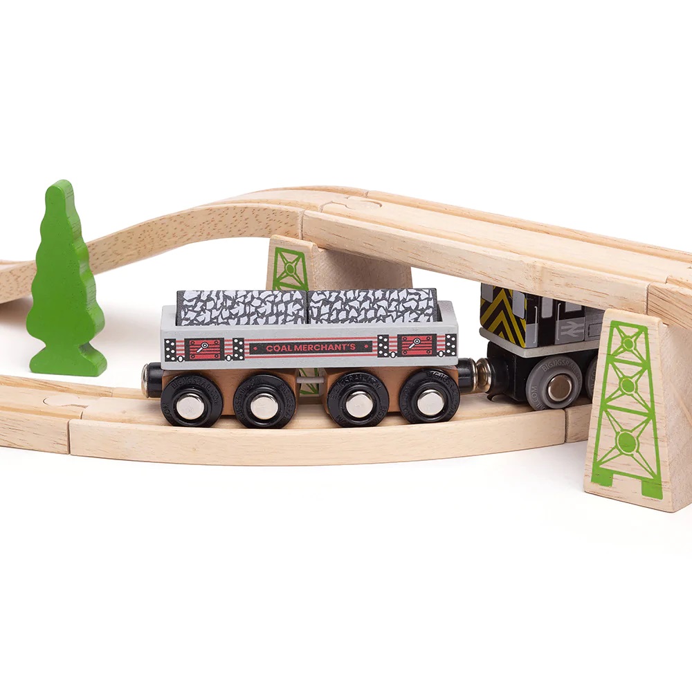 Bigjigs Rail Długi wagon z węglem + 2 tory - obrazek 5