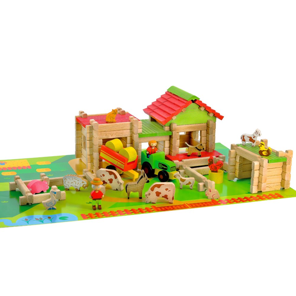 Jeujura Holzbausatz 130 Teile Mein erster großer Bauernhof, Traktor und Anhänger