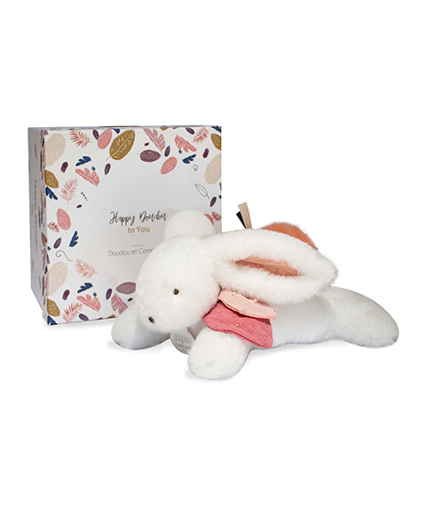 Coffret Cadeau Doudou - Lapin en peluche avec pompon rose foncé 25 cm