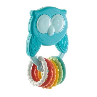 CHICCO Grizalo z ropotuljico s senzoričnimi obročki Eco+ Owl Owly 3m+