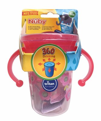 NUBY Mug Tritan non-flowing 360° with handles, 6 m+ pink