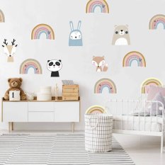 Αυτοκόλλητα για παιδικό δωμάτιο - Ουράνια τόξα σε ροζ χρώμα με ζωάκια