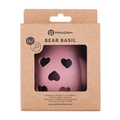 PETITE&MARS Hračka silikonová s chrastítkem Bear Basil Dusty Rose 0m+