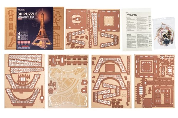 RoboTime Drewniane puzzle 3D Nocna Wieża Eiffla świecąca