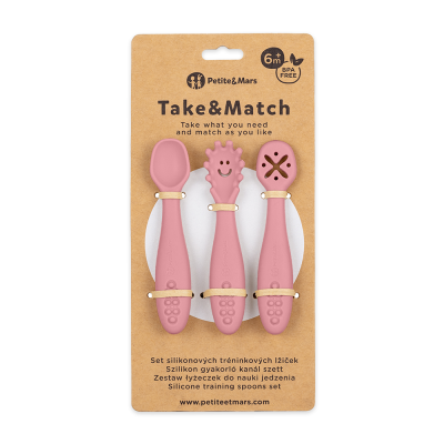 PETITE&MARS Set de 3 cucharas de entrenamiento de silicona Take&Match Dusty Rose 6m+