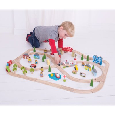Bigjigs Rail Caminho de Ferro de Madeira Cidade e Aldeia 91 Peças