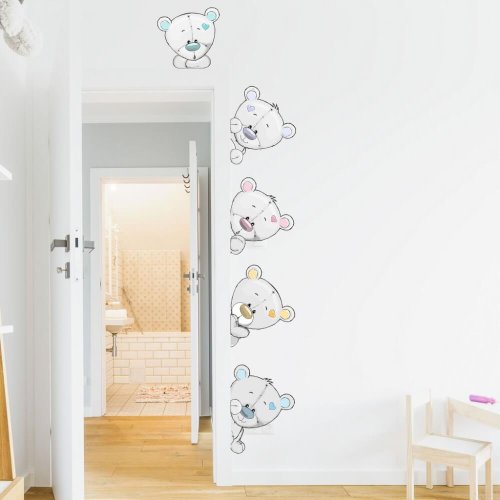 Detské samolepky na stenu - Šedí plyšoví medvedíci okolo dverí N.2 – VĽAVO OD DVERÍ