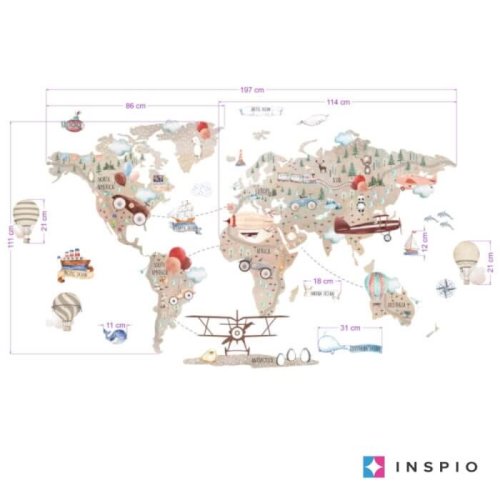 Children's Wall Stickers - Brown world map for little adventurers