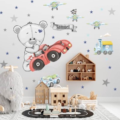 Wall sticker with a name - Teddy bear with a red car