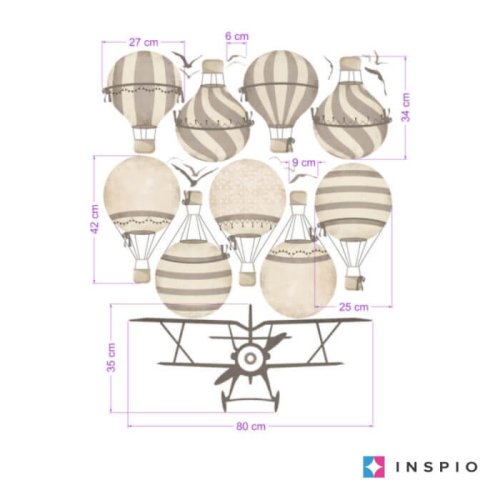 Children's wall stickers - Hot air balloons with an airplane in brown neutral color