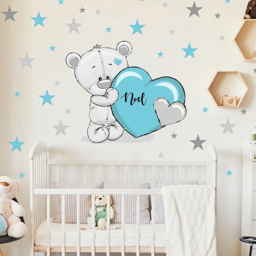 Sticker above the crib - Teddy bear with turquoise heart and name