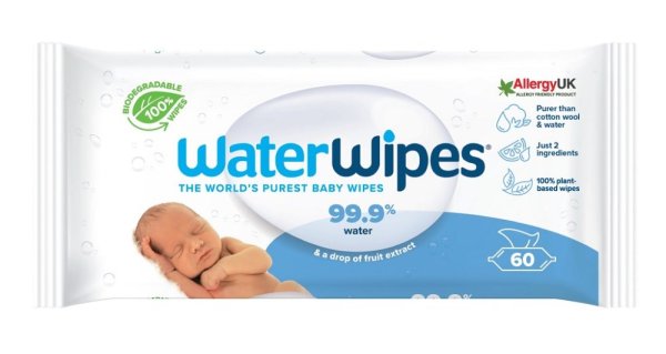 8x WATERWIPES Lingettes humides sans plastique 60 pcs (480 pcs)