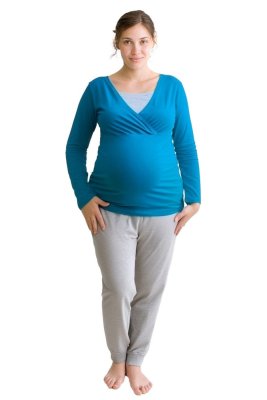 Maternity and Nursing Pyjamas, Long, Dark Turquoise + Grey Marl