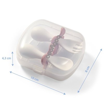 BABYONO Cucchiaio e forchetta con custodia rosa 12m+