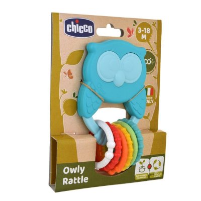 CHICCO Beißring mit Rassel mit sensorischen Ringen Eco+ Owl Owly 3m+