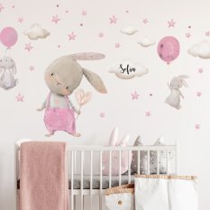 Prelepiteľná samolepka na stenu pre dievča - Zajačikovia s balónikmi