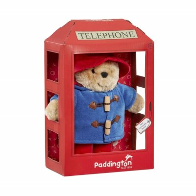 Tęczowy Pluszowy Paddington w budce telefonicznej