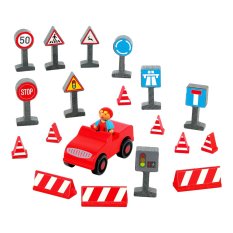 Jeujura Figurines en bois pour jeux de construction Conducteur avec petite voiture et accessoires 20 pièces