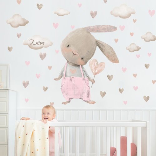 Babybettaufkleber - Hase in Pastellrosa