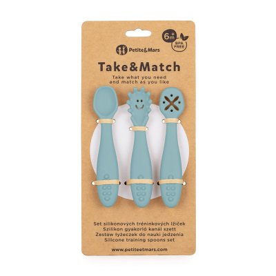 PETITE&MARS Set 3 ks silikonových tréninkových lžiček Take&Match Frosted Sky 6m+