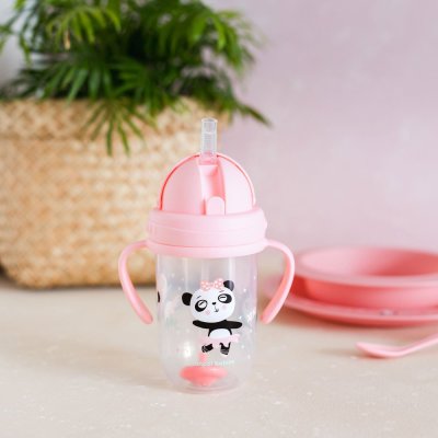 CANPOL BABIES Kubek niekapiący ze słomką i ciężarkiem Zwierzęta egzotyczne 270 ml różowy, 6m+