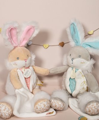 Conjunto de presente Doudou - coelho de pelúcia com manta de 31 cm turquesa