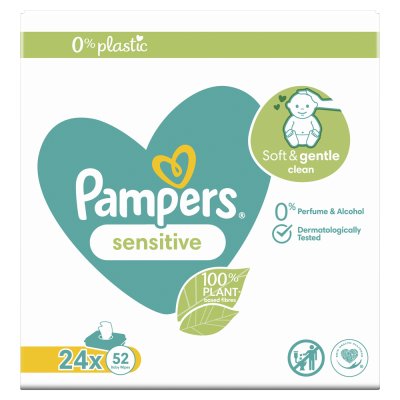 Chusteczki nawilżane PAMPERS Sensitive Plastik Bez plastiku 24 x 52 szt. = 1248 szt