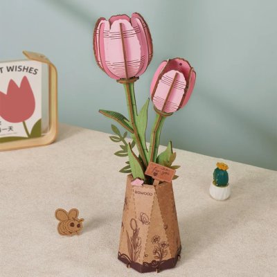 Puzzle 3D en bois RoboTime Tulipe rose