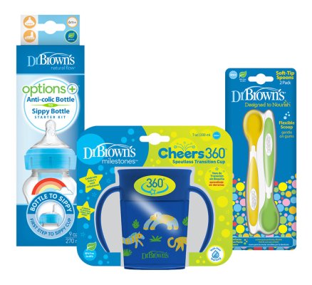 DR.BROWN'S Set Flasche WN 2in1 blau + Becher Cheers Jungle 200ml + Löffel mit weichem Ende