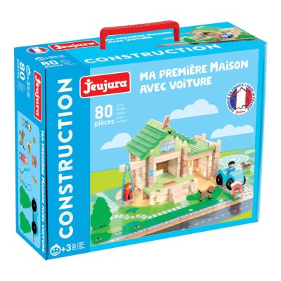 Jeujura Jeu de construction en bois 80 pièces Ma première maison avec voiture