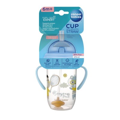 CANPOL BABIES Kubek niekapiący ze słomką i wagą 270 ml Bonjour Paris niebieski, 6m+