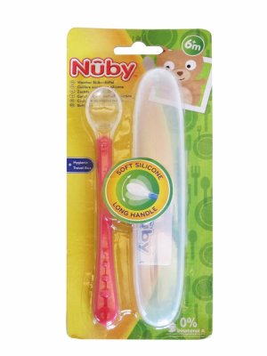 NUBY cuchara de silicona con mango largo y embalaje 1ud, 6 m+, roja