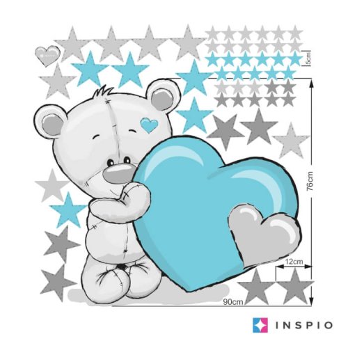 Sticker boven de wieg - Teddybeer met turquoise hart en naam