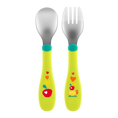 CHICCO Spoon/fork stainless steel green 18m+