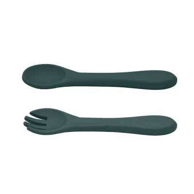 PETITE&MARS Juego de comedor silicona TAKE&MATCH 2 piezas plato + cubiertos Misty Green 6m+