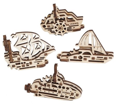 Ugears 3D Holzmechanik Puzzle 4 mechanische Anhänger Schiffe