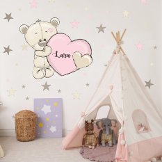 Autocolant de perete pentru o fetiță - Ursuleț cu inimă roz