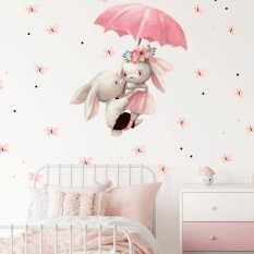 Vinilo decorativo infantil - Conejitos volando sobre un paraguas