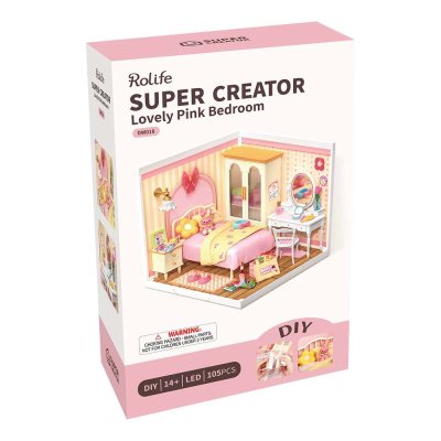 RoboTime 3D-Holzpuzzle Miniatur-Puppenhaus Rosa Zimmer