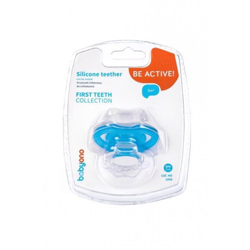 BABYONO BPA-free silicone teether in the shape of a pacifier with a green cover 3m+