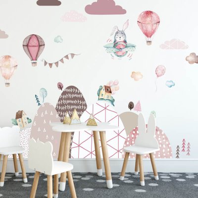 Stickers muraux - Collines et ballons en rose