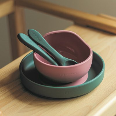 PETITE&MARS Service à manger silicone TAKE&MATCH 2 pcs assiette + couverts Misty Green 6m+