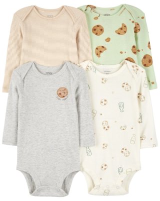 Body CARTER'S z długim rękawem Milk&Cookies neutralne, 4 sztuki, 3 m/rozmiar. 62