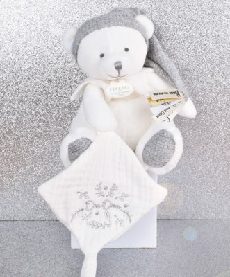 Set cadou Doudou Ursuleț de pluș cu suport pentru suzetă și păturică gri 20 cm