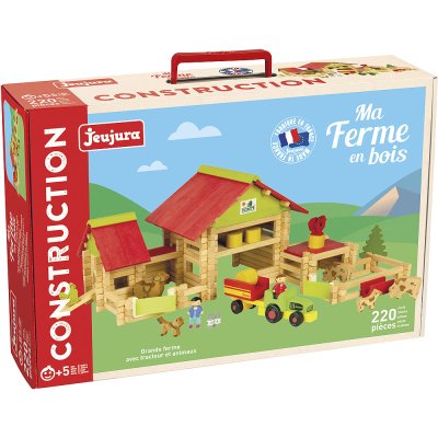 Jeujura Jeu de construction en bois 220 pièces Grande ferme avec tracteur et animaux