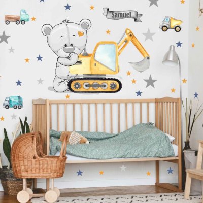 Sticker mural garçon - Maco et voitures de chantier pour la chambre des enfants