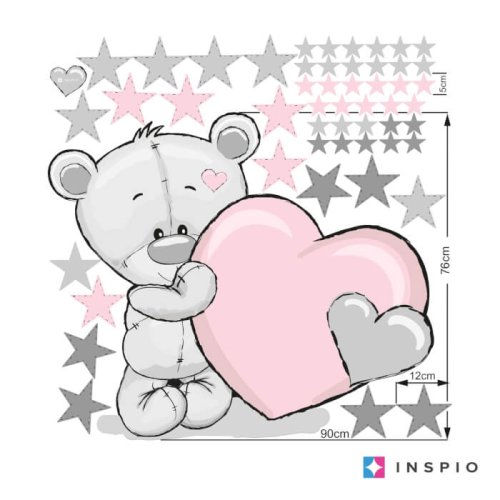 Παιδικό αυτοκόλλητο τοίχου - Αρκουδάκι με καρδιά πούδρα και όνομα