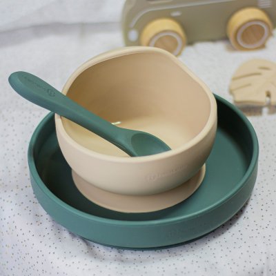 PETITE&MARS Dining set silicone TAKE&MATCH 4 pcs Desert Sand - Misty Green 6m+