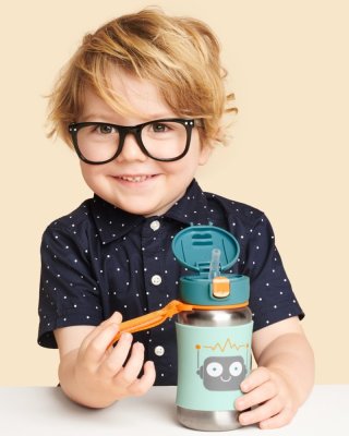SKIP HOP Spark Style Trinkflasche mit Strohhalm Edelstahl Roboter 12m+