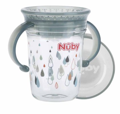 NUBY Taza Tritan no fluida 360° con asas, 6 m+ gris claro